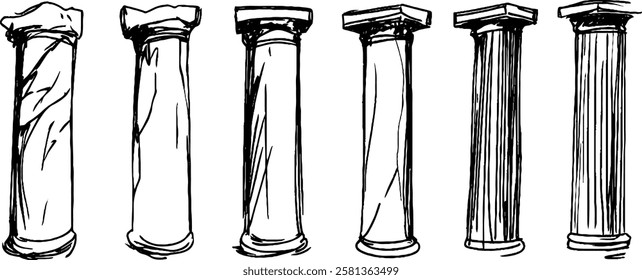 A collection of six hand-drawn columns, showcasing different styles and textures. The columns vary in design, including fluted and smooth surfaces, with some appearing weathered.