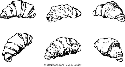 A collection of six hand-drawn croissants in various positions, showcasing their flaky layers and curved shapes. The illustrations are simple and monochrome, emphasizing the texture of the pastry.