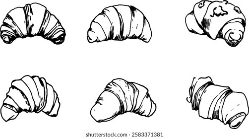 A collection of six hand-drawn croissants in various styles and orientations, showcasing their flaky layers and curved shapes.