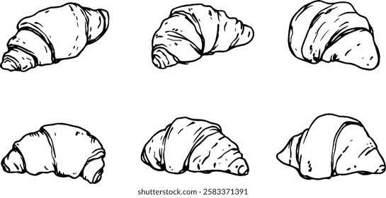A collection of six hand-drawn croissants in various angles, showcasing their flaky layers and curved shapes. Ideal for bakery or food-related designs.