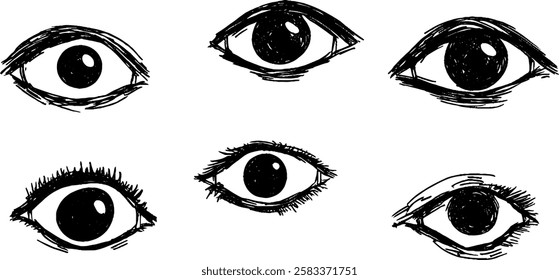 A collection of six hand-drawn eye illustrations, showcasing various styles and shapes. Each eye has distinct features, including different eyelid shapes and eyelash designs.