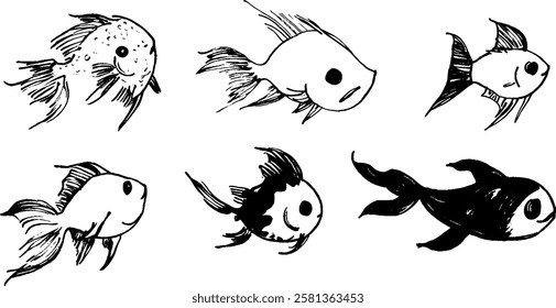 A collection of six hand-drawn fish illustrations, varying in shapes and sizes. Each fish has distinct features, including different fin styles and patterns, showcasing creativity in design.