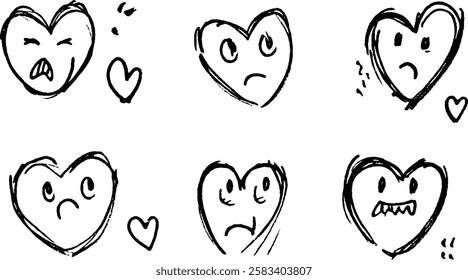 A collection of six hand-drawn heart emojis expressing various emotions. The hearts display anger, sadness, confusion, and other feelings, with exaggerated facial features.