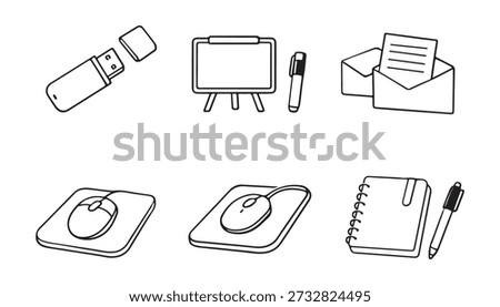 A collection of six hand-drawn icons representing office and technology items, including a USB drive, whiteboard, envelope with letter, computer mouse, and notebook with pen.