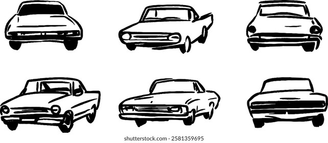 A collection of six hand-drawn illustrations of various cars, showcasing different angles and styles. The designs are simplistic and artistic, emphasizing the shapes and outlines of the vehicles.