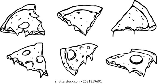 A collection of six hand-drawn pizza slices, each with different toppings and styles. The slices are illustrated in a playful, cartoonish manner