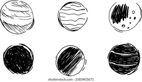 A collection of six hand-drawn planets, each with unique textures and patterns. The designs vary from striped to dotted and shaded, showcasing a creative interpretation of celestial bodies.