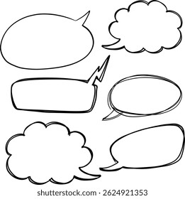 A collection of six hand-drawn speech bubbles in black and white, perfect for comics and creative projects