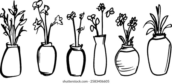 A collection of six hand-drawn vases with various flowers. Each vase has a unique shape and the flowers vary in type and height, showcasing a simple yet artistic floral arrangement.