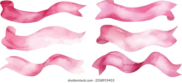 A collection of six hand-painted pink watercolor ribbons featuring soft, flowing shapes, perfect for decor, crafting, and stationery projects.
