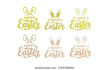 Collection of six happy easter typography designs with cute bunny ears isolated on transparent background
