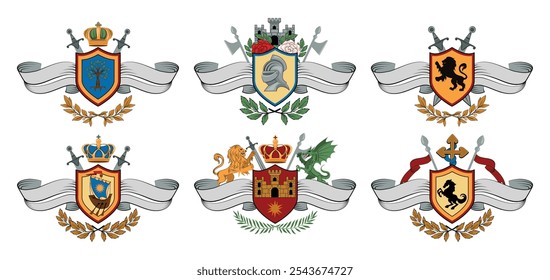 Uma coleção de seis emblemas heráldicos com escudos, coroas, espadas e vários símbolos como leões, árvores e castelos, cada um com elementos decorativos como fitas e folhas de louro.