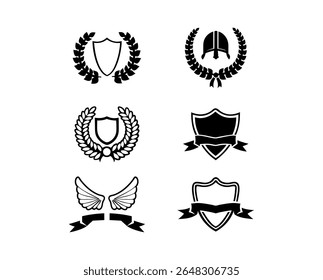 Collection of six heraldic emblems with shields laurels helmet and wings silhouette