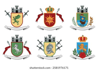 A collection of six heraldic shields featuring various designs. Each shield includes elements like crowns, swords, and mythical creatures, showcasing a mix of colors and symbols.