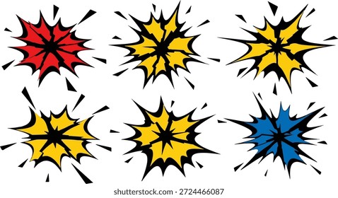 Una colección de seis gráficos de explosión de alta energía, estilo cómic en rojo, amarillo y azul, con un diseño de estallido estelar irregular con contornos negros audaces. Este conjunto de Vectores es ideal para transmitir impacto, impacto, efectos de sonido, acción o mensajes dinámicos en proyectos de arte pop, juegos y diseño retro.