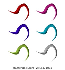 Una colección de seis Elementos decorativos renderizados en 3D de alta calidad. Presenta Formas curvas fluidas en forma de gancho en rojo, rosa, púrpura, verde azulado, verde lima y plateado. Diseño limpio y moderno aislado sobre un fondo blanco, adecuado para la marca, logotipos y acentos de interfaz de usuario.