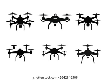 Collection of Six High-Quality Drone Icons Perfect for Projects, Websites, and Apps; Featuring Detailed Designs of Various Drone Models for Versatile Use