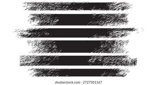 Uma coleção de seis pinceladas horizontais com uma aparência angustiada e texturizada. Os traços são pretos e variam ligeiramente em espessura e textura, criando um efeito grunge ou artístico.