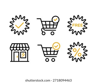Coleção de seis ícones que representam comércio eletrônico, carrinhos de compras, vitrines, marcas de verificação de qualidade e porcentagens de desconto
