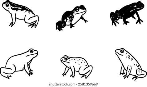 A collection of six illustrated frogs in various poses and styles. The frogs are depicted in black and white, showcasing different shapes and features