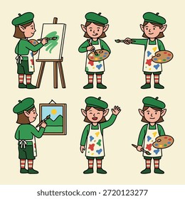 Una colección de seis ilustraciones de un lindo personaje de elfo involucrado en varias actividades artísticas, como pintar y dibujar.