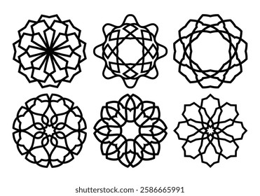 A collection of six intricate Islamic geometric ornaments in black and white. Inspired patterns are perfect for Islamic art, digital design, backgrounds, and cultural decorations