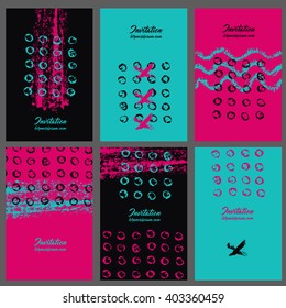Collection six invitation cards of ink splatter.