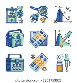 A collection of six isolated vector illustrations is arranged in a 3 2 grid on a pure white background. Each icon depicts a pharmaceutical concept- a medicine dropper vial, a pill-press machine, a nanobot delivering targeted therapy, a bioavailability graph, a temperature-controlled cooler, and a blister pack with glowing pills- rendered in a modern medical-chemistry aesthetic with deep cobalt, mint-green and bright amber accents.
