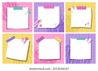 Collection of six kawaii note templates featuring school supplies. Each template is set against pink, purple, and yellow checkered backgrounds, ideal for planners, journals, or scrapbooking.