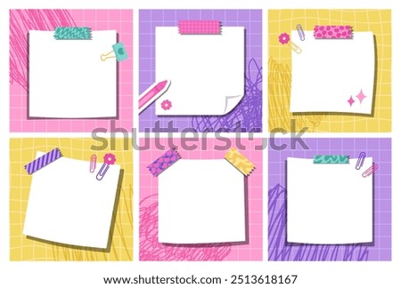 Collection of six kawaii note templates featuring school supplies. Each template is set against pink, purple, and yellow checkered backgrounds, ideal for planners, journals, or scrapbooking.