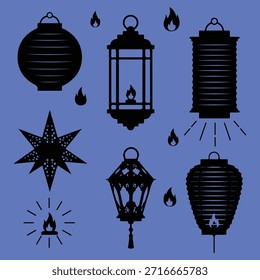 Uma coleção de seis silhuetas de lanterna e chama em estilos variados, ideais para temas de design festivos, culturais ou decorativos.