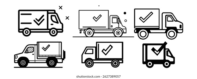 Collection of six line art delivery truck icons, each displaying a checkmark symbol, indicating successful delivery or order completion.
