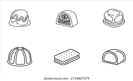 A collection of six line art illustrations of various sweets and chocolates, presented in a grid layout on a white background.