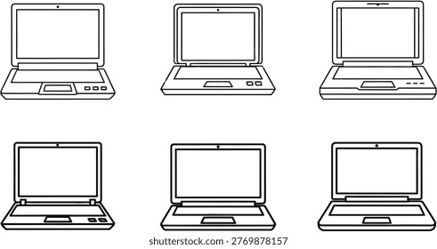 A collection of six line art illustrations depicting early laptop computers, arranged in a two-by-three grid format.