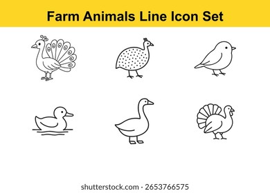 Uma coleção de seis ícones de linha representando animais de fazenda: pavão, pintada, pássaro, pato, ganso e peru.