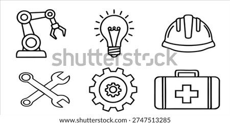 A collection of six line icons representing industry, safety, and tools