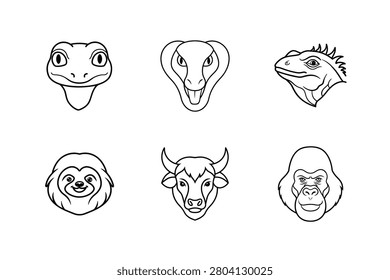 Collection of six linear animal head including snake, iguana, sloth, bull, and gorilla on white