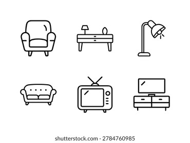 A collection of six linear icons representing living room furniture, including an armchair, a console table, a floor lamp, a sofa, a vintage TV, and a modern TV stand.