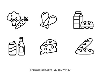 Collection of six linear illustrations of various food items vegetables poultry eggs drinks cheese bread with baked goods broccoli illustration drinkcontaine