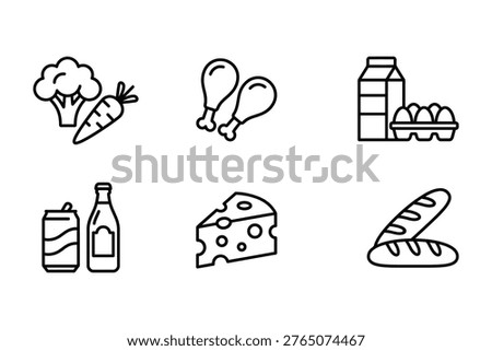 Collection of six linear illustrations of various food items vegetables poultry eggs drinks cheese bread with baked goods broccoli illustration drinkcontaine