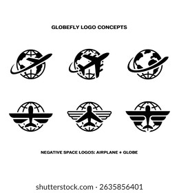 A collection of six logo options for GlobeFly, each using a airplane icon and an earth icon, in black and white. Design showcases movement and global reach.