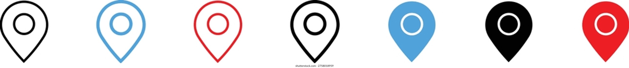 A collection of six map pin icons in different design variations, including outline, filled, and colored options. These versatile location markers are suitable for navigation applications, website interfaces, and digital maps, offering clear visual representation of addresses and points of interest.