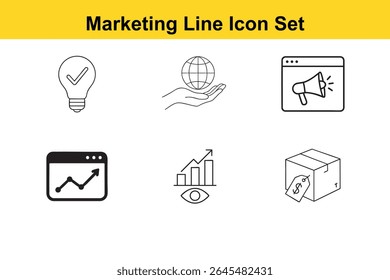 A collection of six marketing icons depicting ideas, global reach, promotion, analytics, growth, and product pricing in a simple line art style.