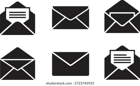 Collection of six minimalist black envelope mail icons representing communication and digital messaging concepts