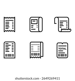 Collection of Six Minimalist Black Line Receipts Icons Transaction Payment Purchase Financial Business Commerce