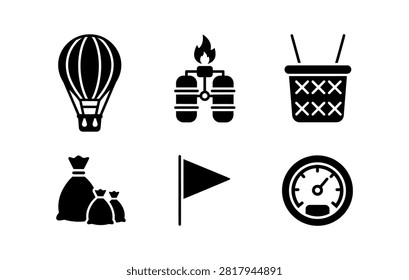 A collection of six minimalist black vector icons depicting various components of a hot air balloon, including the envelope, burner, basket, and ballast.