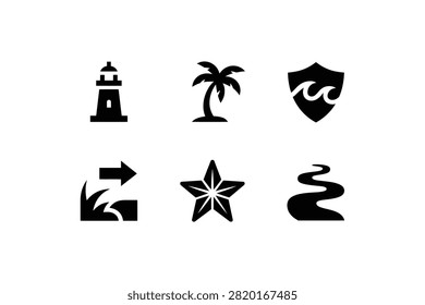 A collection of six minimalist black vector icons depicting various beach and nautical themes including a lighthouse a tropical palm tree an ocean wave shield a star and a winding river or water path