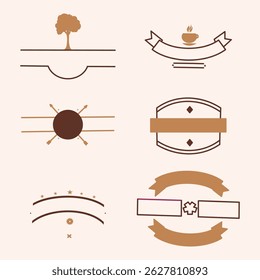 Collection of Six Minimalist Brown and Beige Logo Templates and Design Elements Featuring Tree, Coffee Cup, Arrows, and Banners