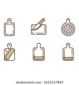 Collection of Six Minimalist Brown Line Art Cutting Board Icons
