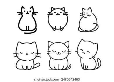 Collection of six minimalist cat illustrations in a simple line art style, perfect for design projects. Features charming, chubby cats ideal for pet-themed graphics, book, and greeting card.